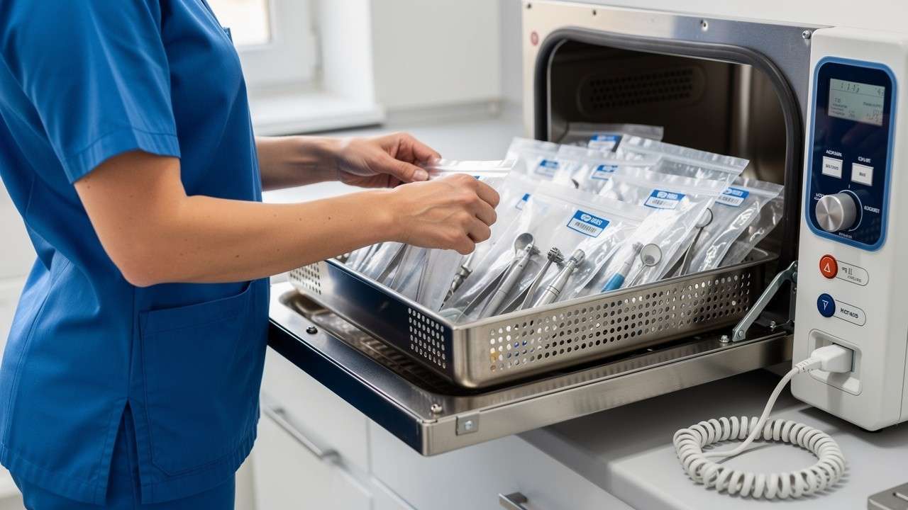 Dentista cargando instrumental en autoclave Clase B Enbio Pro en clínica dental