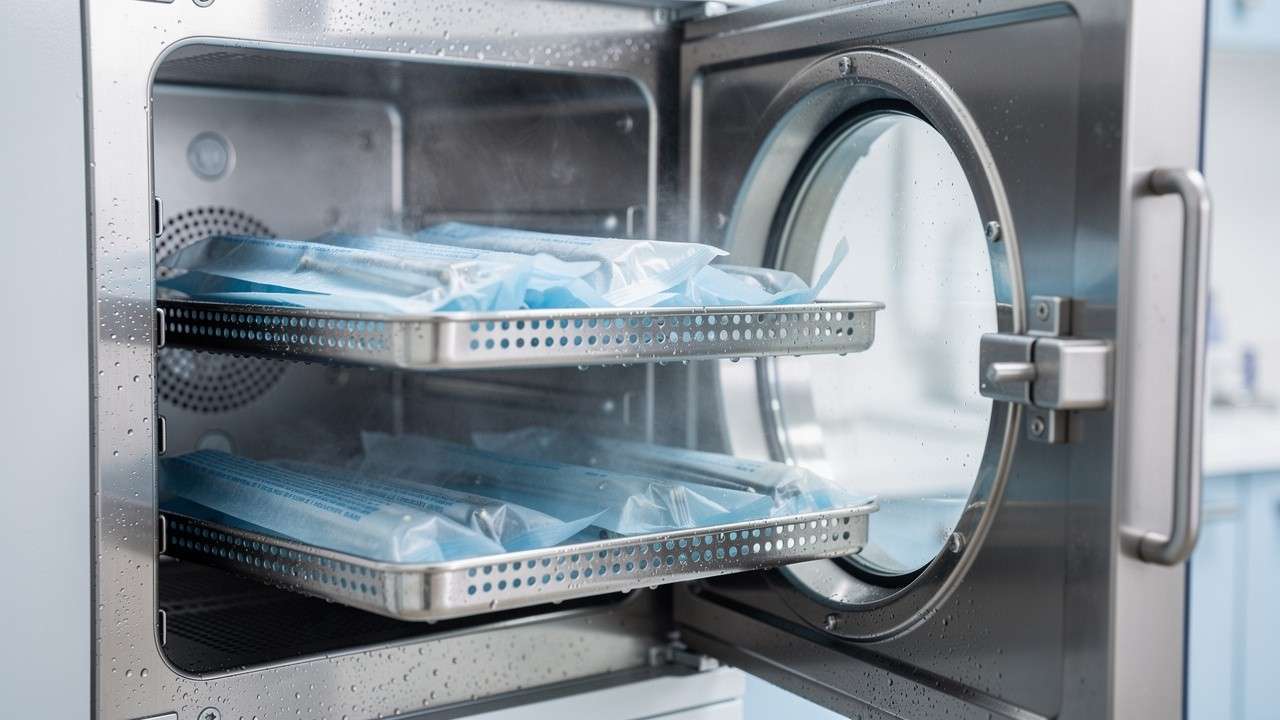 Interior de autoclave dental Clase B con bandeja de instrumental esterilizado